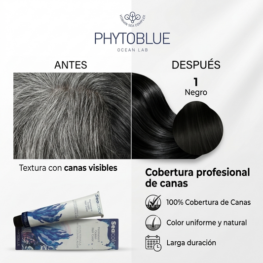 PHYTOBLUE Sea Color Tinte Permanente Profesional Para Cabello Vegano Sin PPD – Cobertura Total de Canas, Coloración Capilar de Larga Duración con Algas Mediterráneas, Brillo Intenso y Protección de Fibra Capilar