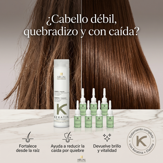 ARUAL Total Repair Kit con Keratina | Shampoo Reparador 250 ml + 8 Ampolletas Fortalecedoras | Tratamiento Capilar para Cabello Dañado, Débil y Quebradizo