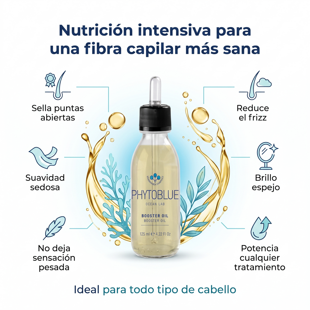 PHYTOBLUE Booster Oil Aceite para Cabello 125 ml | Nutrición Profunda, Reparación, Anti Frizz y Brillo para Cabello Seco y Dañado