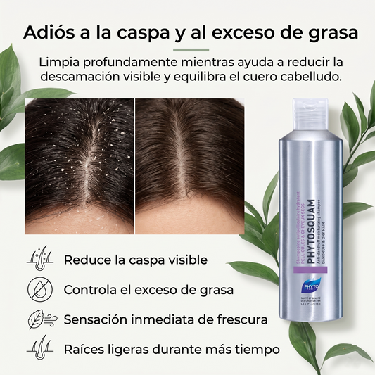 PHYTO PARIS Phytosquame Shampoo Anticaspa para Cabello Graso y Cuero Cabelludo Graso, Purificante y Equilibrante