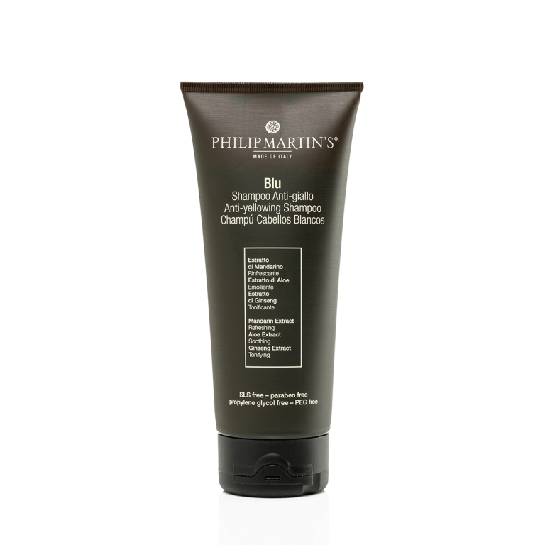 PHILIP MARTIN’S Blu Shampoo Anti Amarillo: Matiza amarillos en rubios y canas para tono frío.