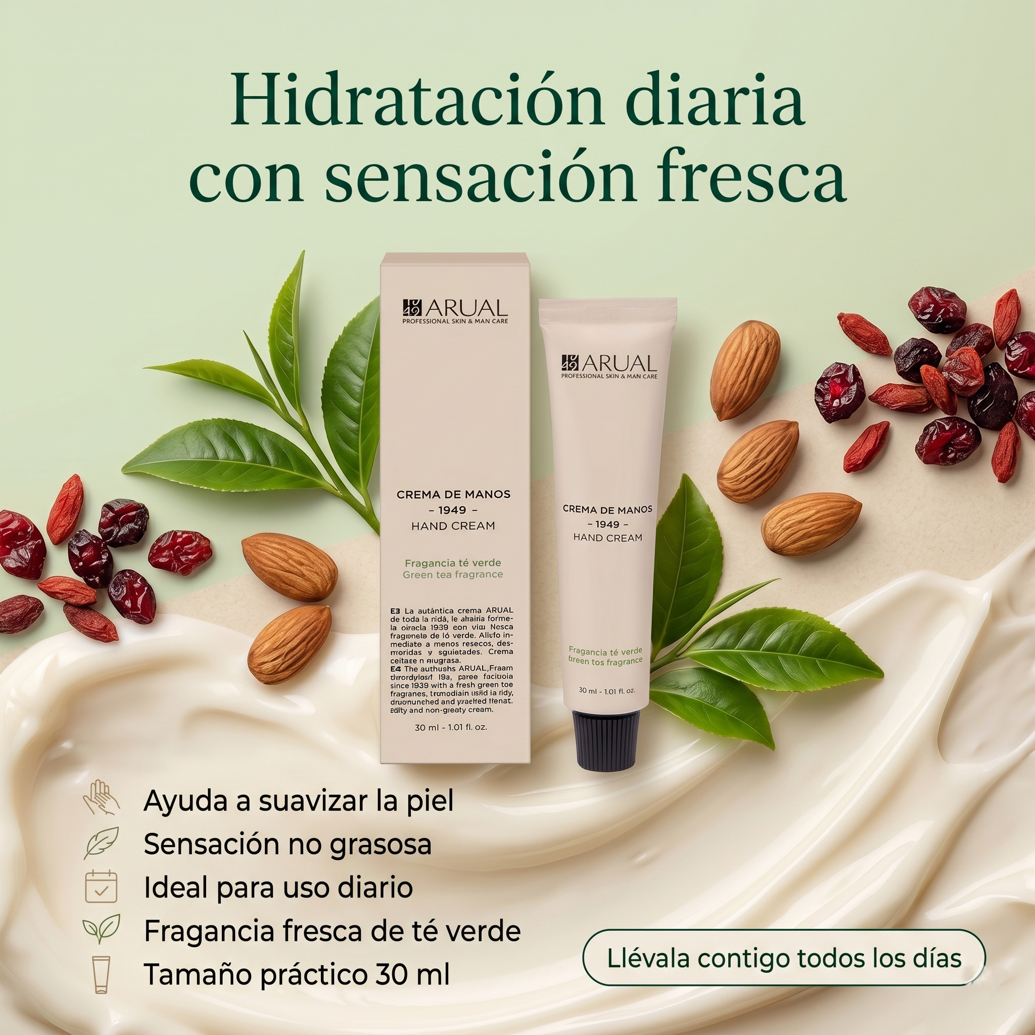 ARUAL Crema Hidratante para Manos Té Verde | Repara, Humecta y Protege la Piel Seca