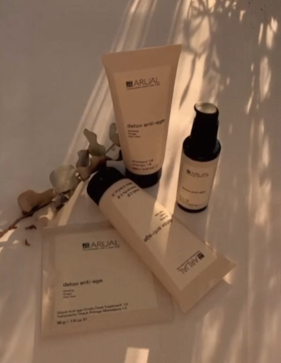 ARUAL Pack Detox (Shampoo, Mascarilla, Sérum, Tratamiento): Ritual antipolución y reparación para cuero cabelludo y medios.