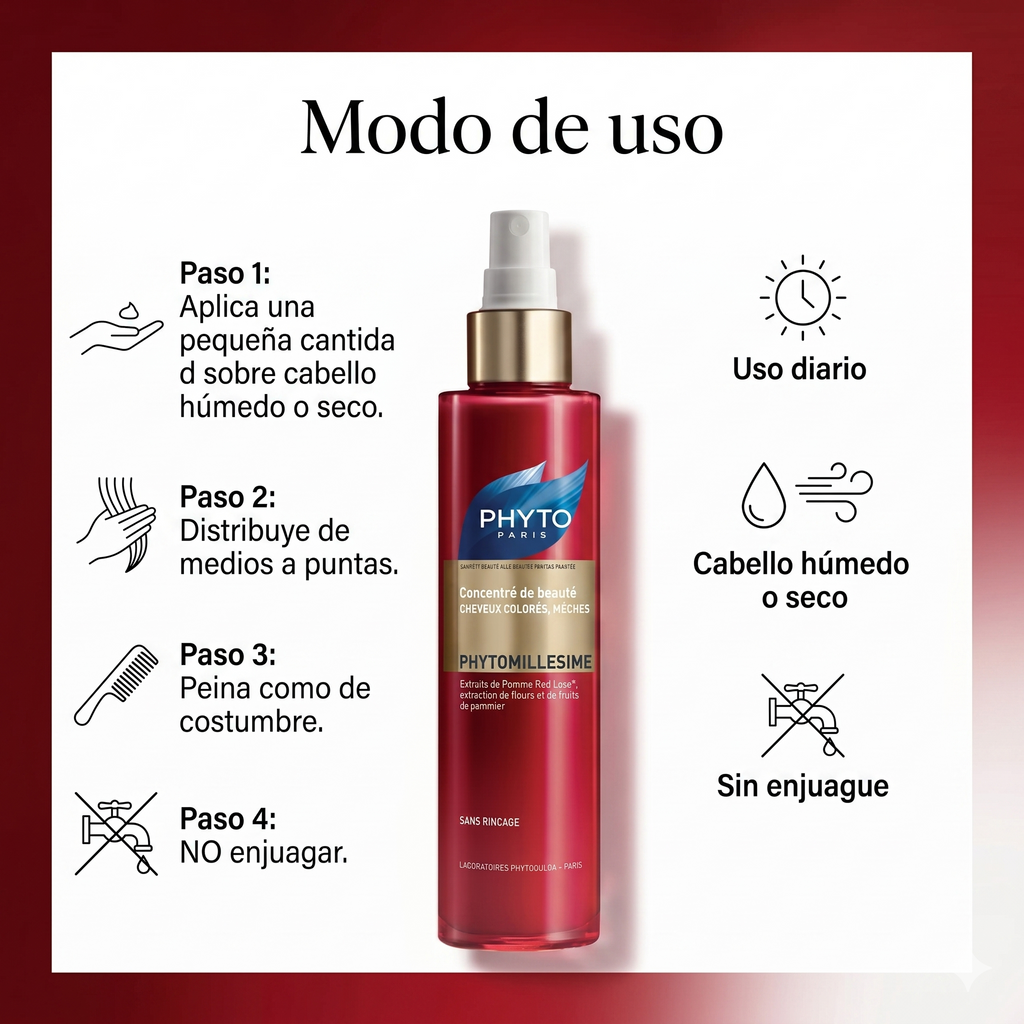 PHYTO PARIS Phytomillesime Concentrado Leave In para Cabello Teñido y con Mechas | Tratamiento Sin Enjuague Antifrizz con Hidratación, Brillo y Protección del Color