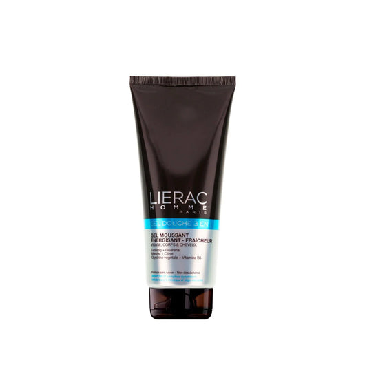 LIERAC Homme Gel Douche 3 En 1: Gel espumoso de origen vegetal para cuerpo, rostro y cabello; limpia sin resecar y deja sensación de frescor.