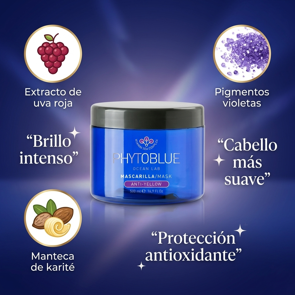 PHYTOBLUE Mascarilla Anti Amarillo Tamaño Profesional | Anti Yellow Hair Mask para Cabello Rubio, Decolorado y Platinado | Matizador Violeta con Hidratación y Nutrición Intensiva
