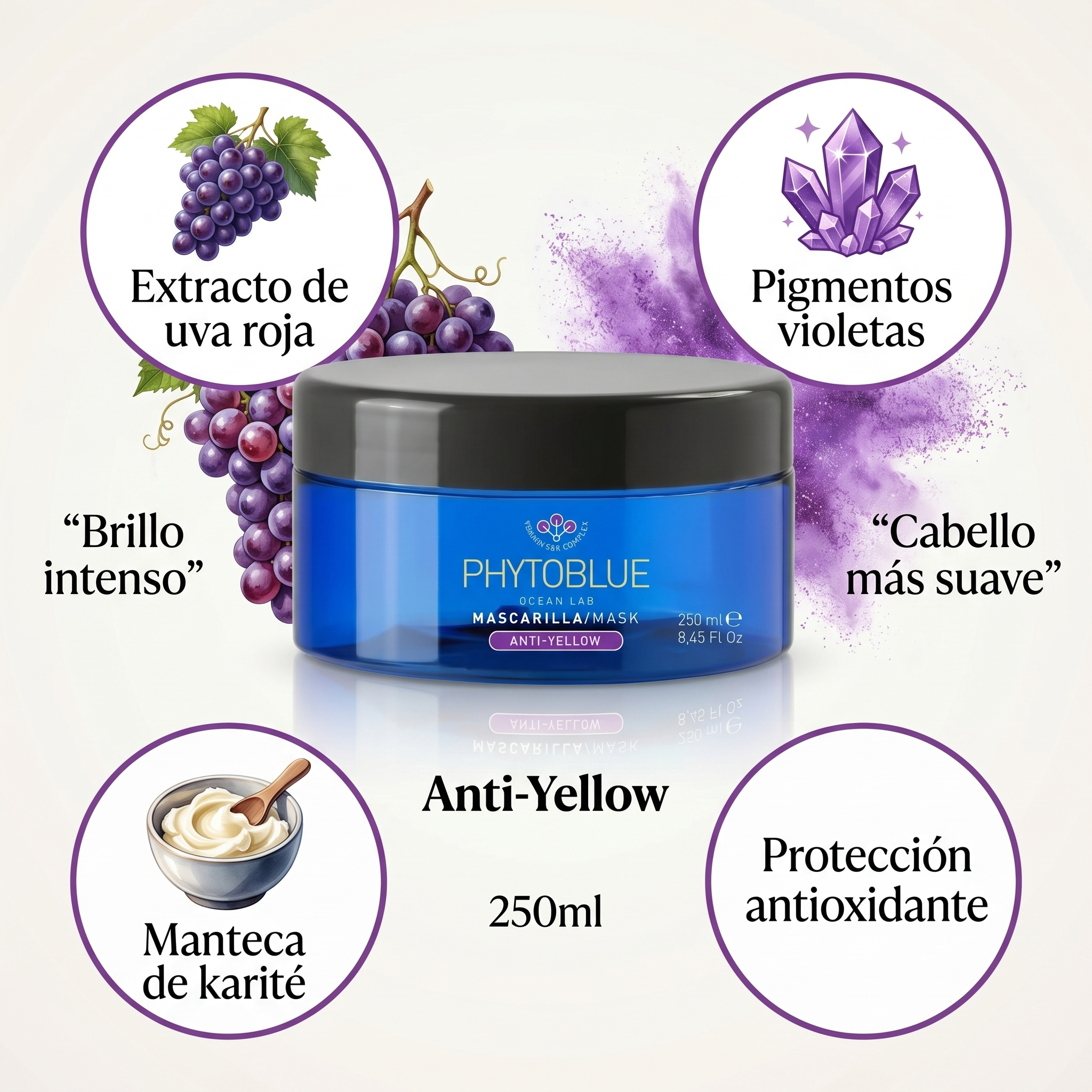 PHYTOBLUE Anti Yellow Hair Mask | Mascarilla Matizadora Violeta Para Cabello Rubio, Blanco y con Canas | Neutralizador de Tonos Amarillos con Hidratación y Suavidad Profesional