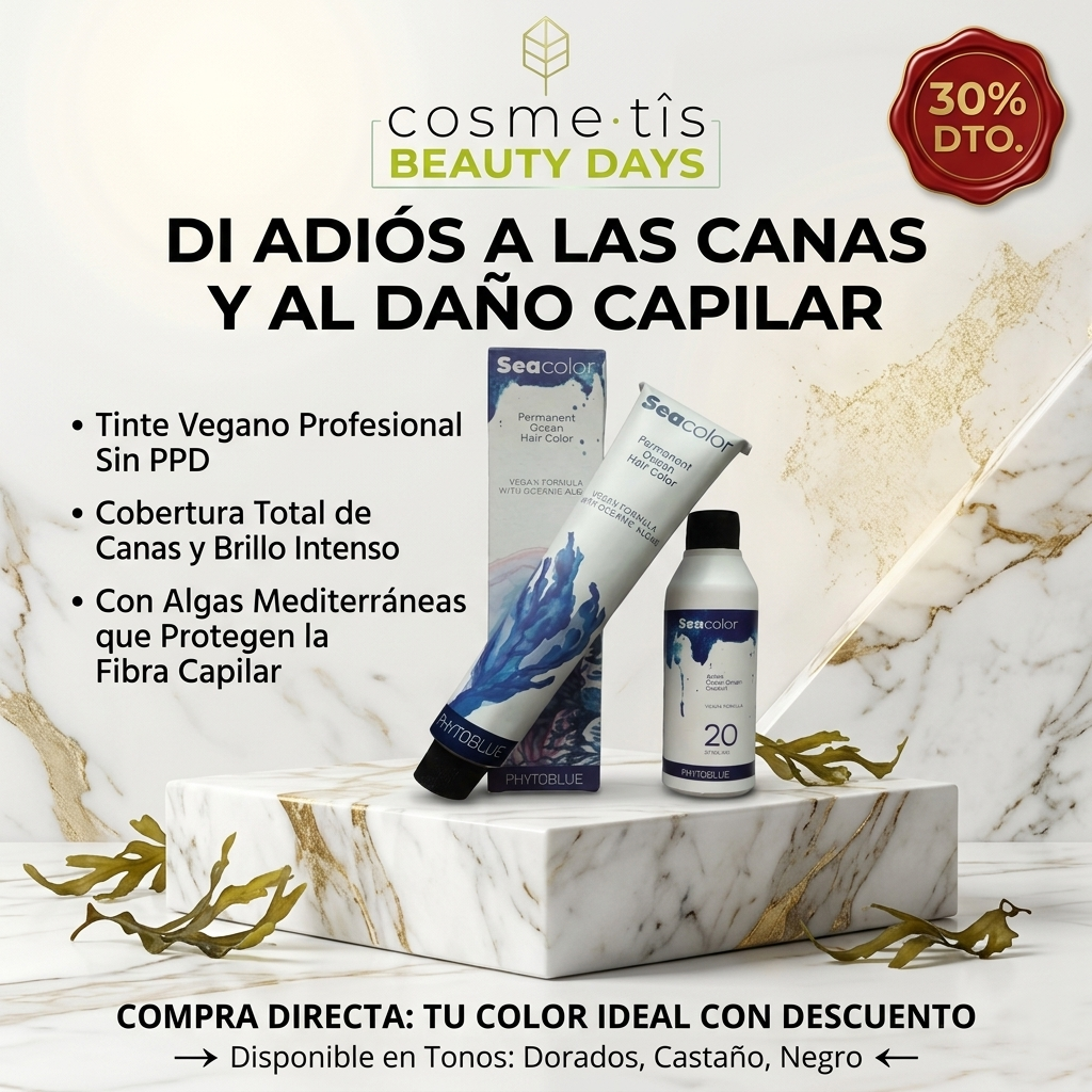 PHYTOBLUE Sea Color Tinte Permanente Profesional Para Cabello Vegano Sin PPD – Cobertura Total de Canas, Coloración Capilar de Larga Duración con Algas Mediterráneas, Brillo Intenso y Protección de Fibra Capilar