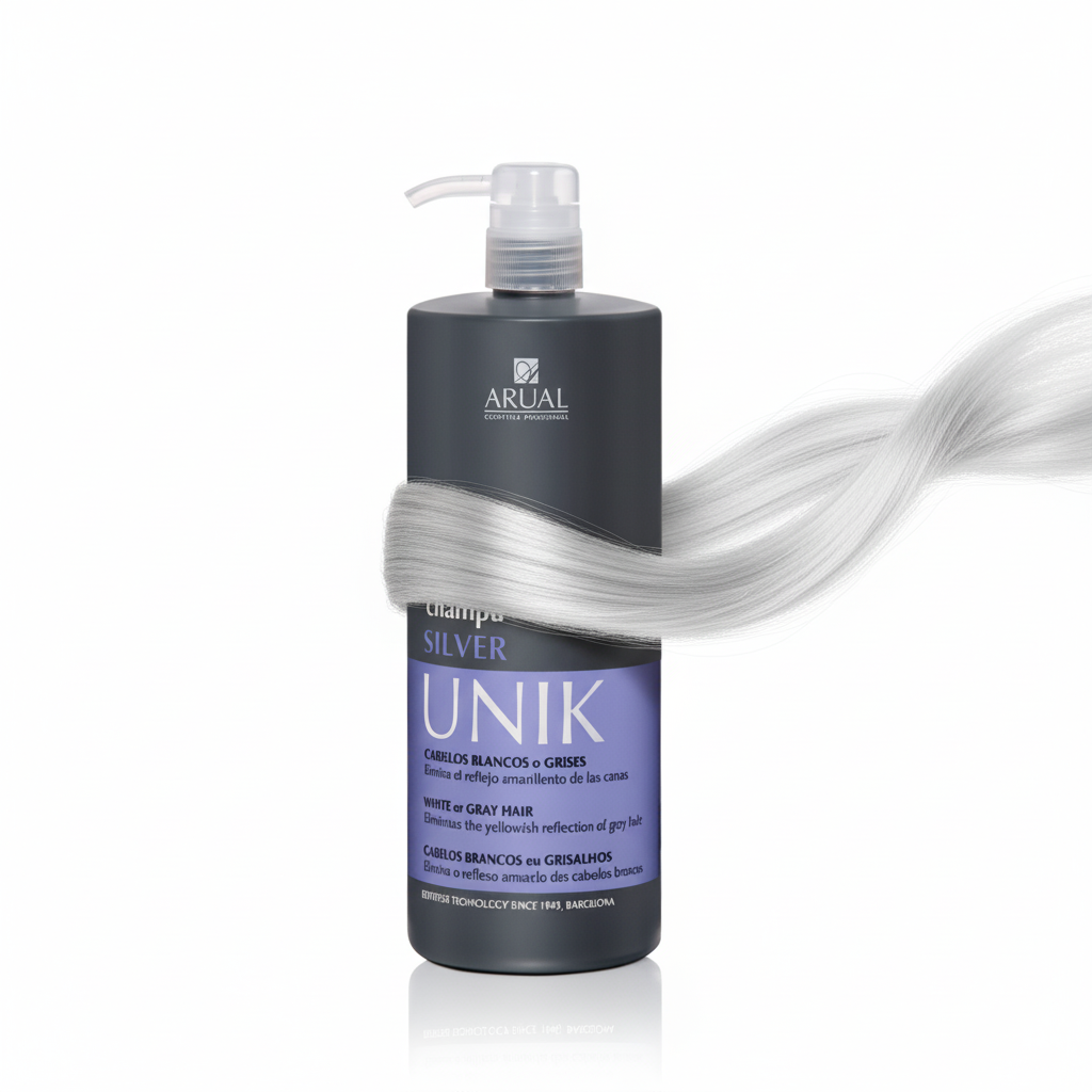 ARUAL UNIK Silver Shampoo TAMAÑO PROFESIONAL: Matiza amarillos en rubios, grises y blancos para un tono más frío.