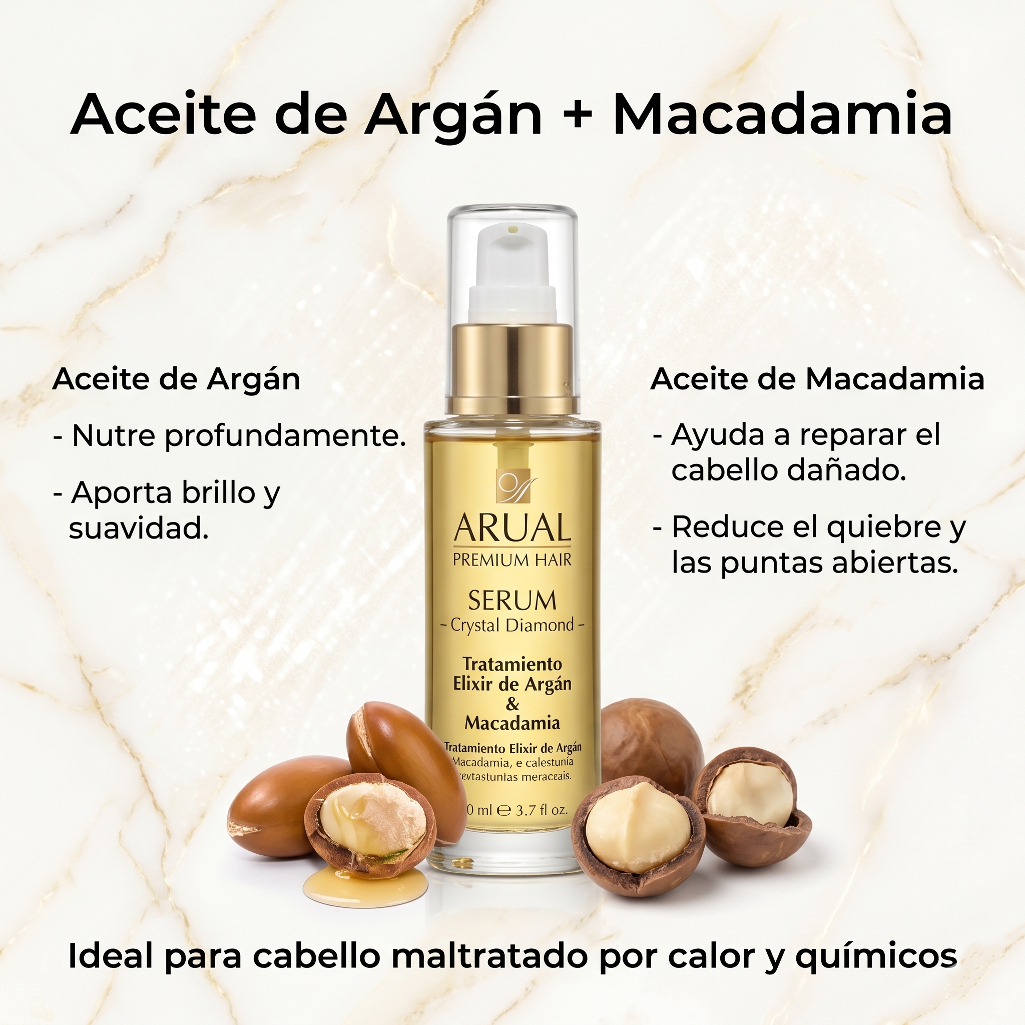 ARUAL Crystal Diamond Sérum Capilar con Aceite de Argán y Macadamia 100 ml | Tratamiento Reparador Antifrizz para Cabello Dañado con Brillo Intenso y Sellado de Puntas