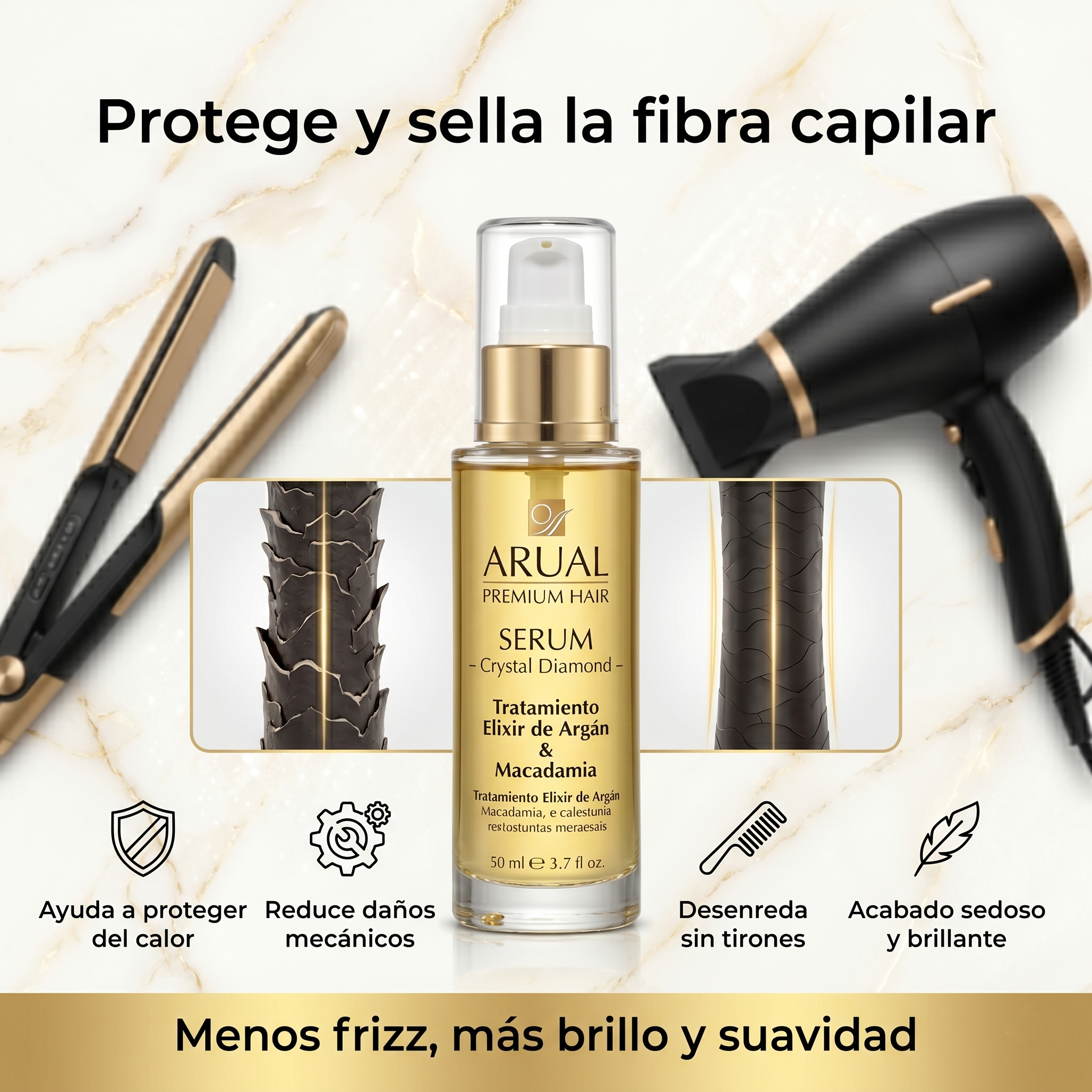 ARUAL Crystal Diamond Sérum Capilar con Aceite de Argán y Macadamia 100 ml | Tratamiento Reparador Antifrizz para Cabello Dañado con Brillo Intenso y Sellado de Puntas