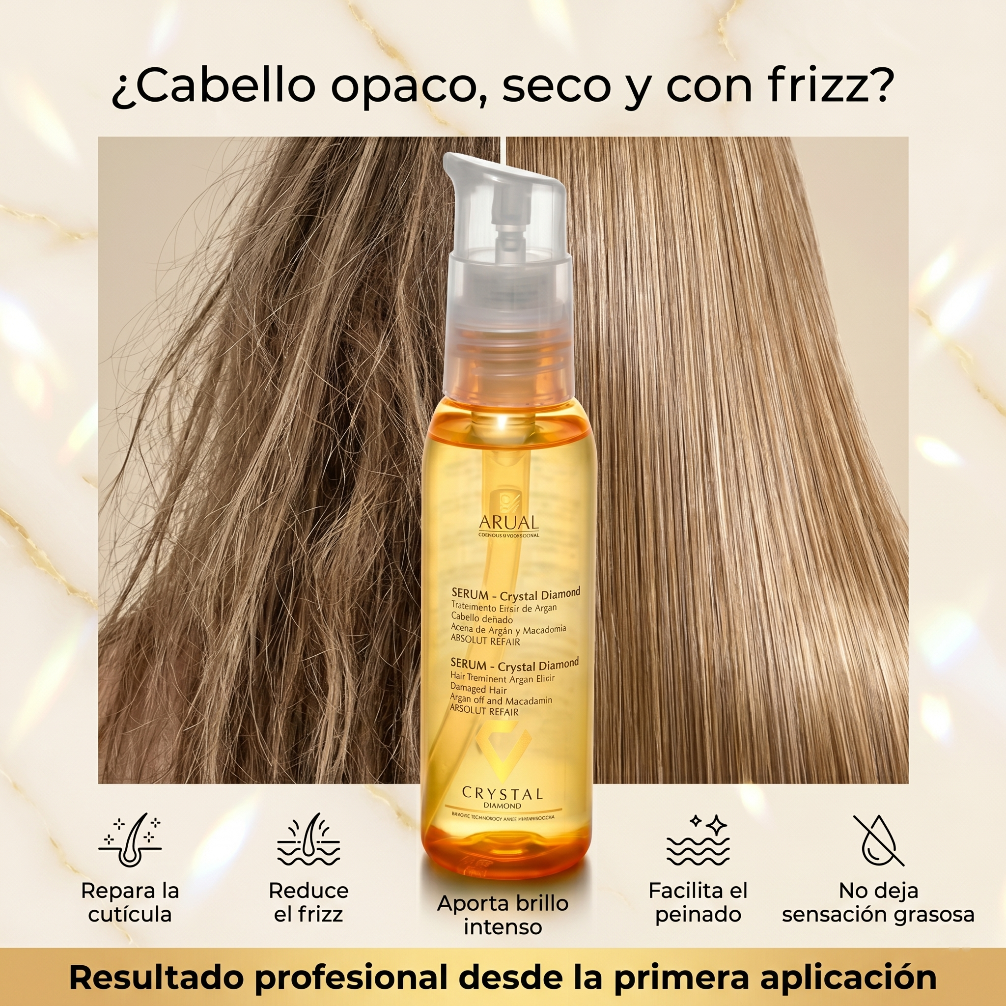 ARUAL Crystal Diamond Sérum Capilar con Aceite de Argán y Macadamia 100 ml | Tratamiento Reparador Antifrizz para Cabello Dañado con Brillo Intenso y Sellado de Puntas