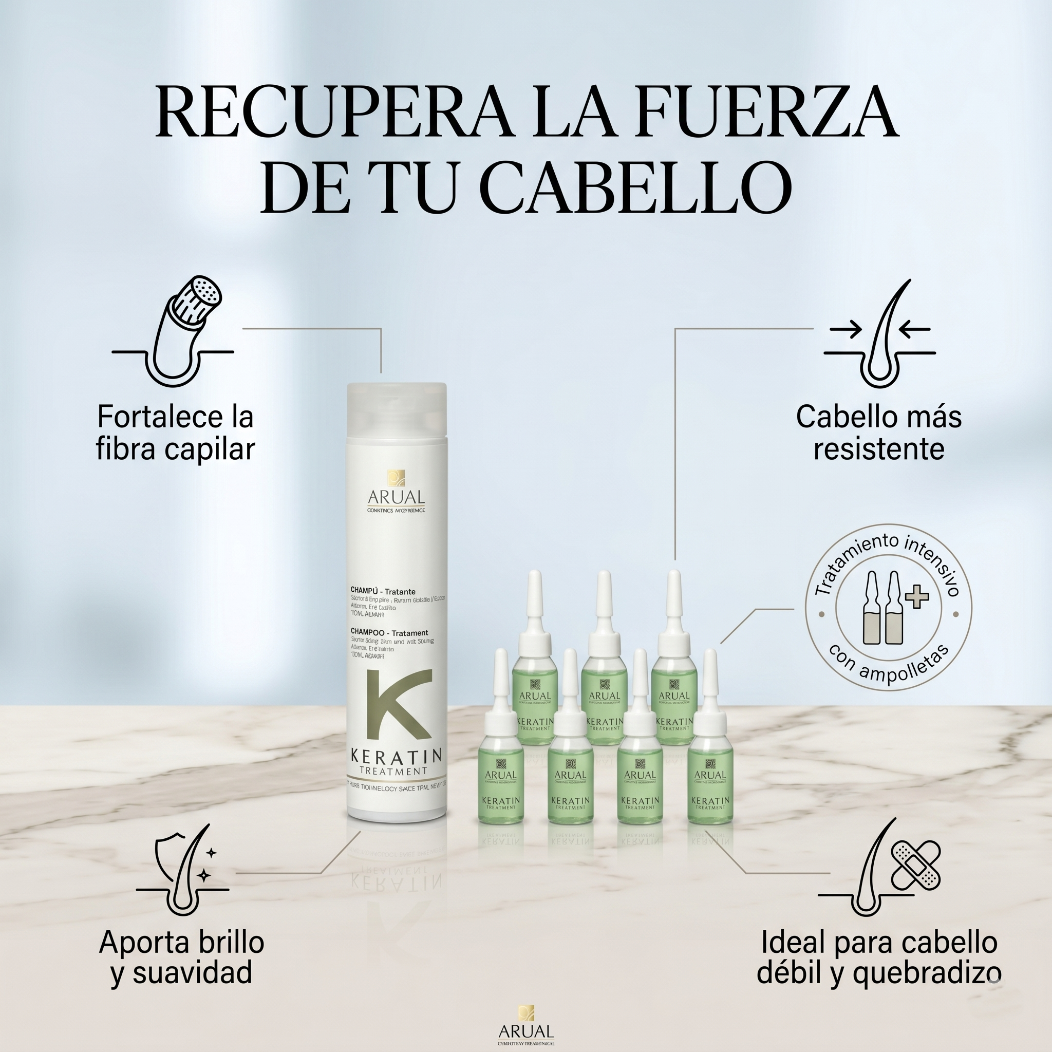 ARUAL Total Repair Kit con Keratina | Shampoo Reparador 250 ml + 8 Ampolletas Fortalecedoras | Tratamiento Capilar para Cabello Dañado, Débil y Quebradizo