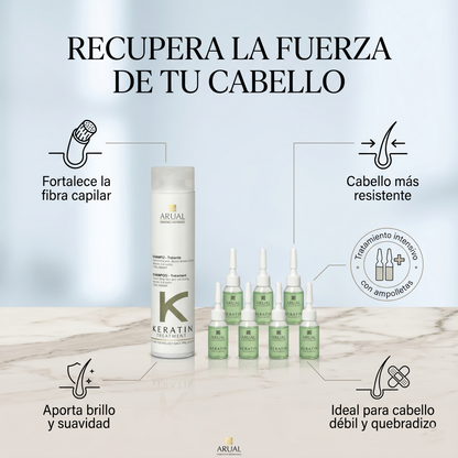 ARUAL Total Repair Kit con Keratina | Shampoo Reparador 250 ml + 8 Ampolletas Fortalecedoras | Tratamiento Capilar para Cabello Dañado, Débil y Quebradizo