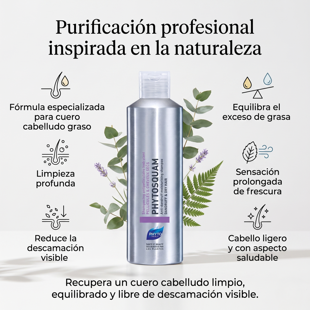 PHYTO PARIS Phytosquame Shampoo Anticaspa para Cabello Graso y Cuero Cabelludo Graso, Purificante y Equilibrante
