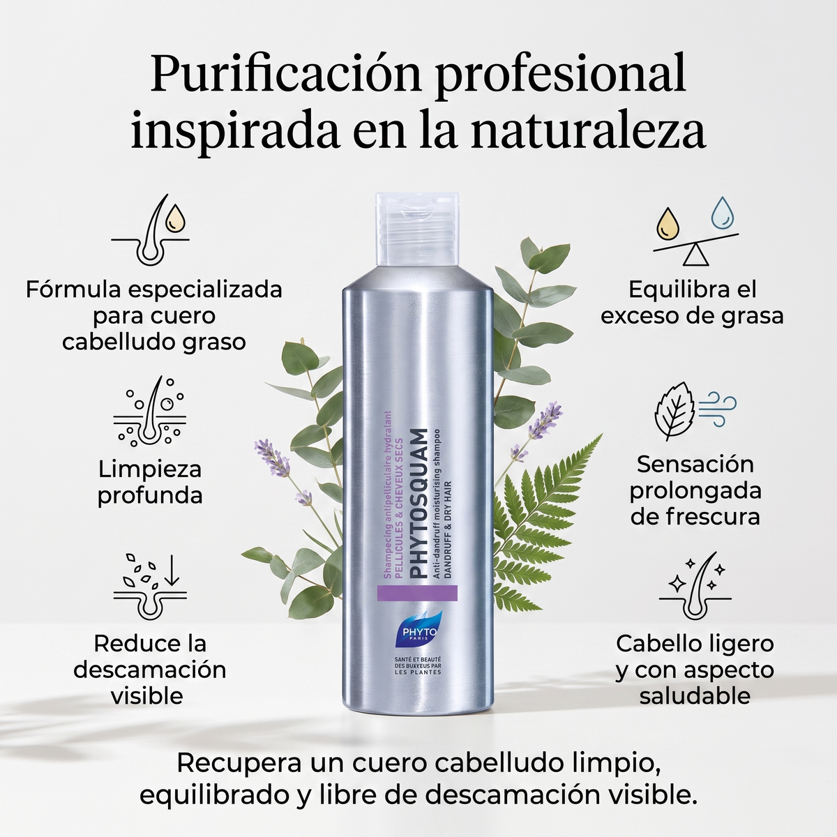 PHYTO PARIS Phytosquame Shampoo Anticaspa para Cabello Graso y Cuero Cabelludo Graso, Purificante y Equilibrante