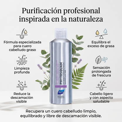 PHYTO PARIS Phytosquame Shampoo Anticaspa para Cabello Graso y Cuero Cabelludo Graso, Purificante y Equilibrante