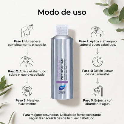 PHYTO PARIS Phytosquame Shampoo Anticaspa para Cabello Graso y Cuero Cabelludo Graso, Purificante y Equilibrante