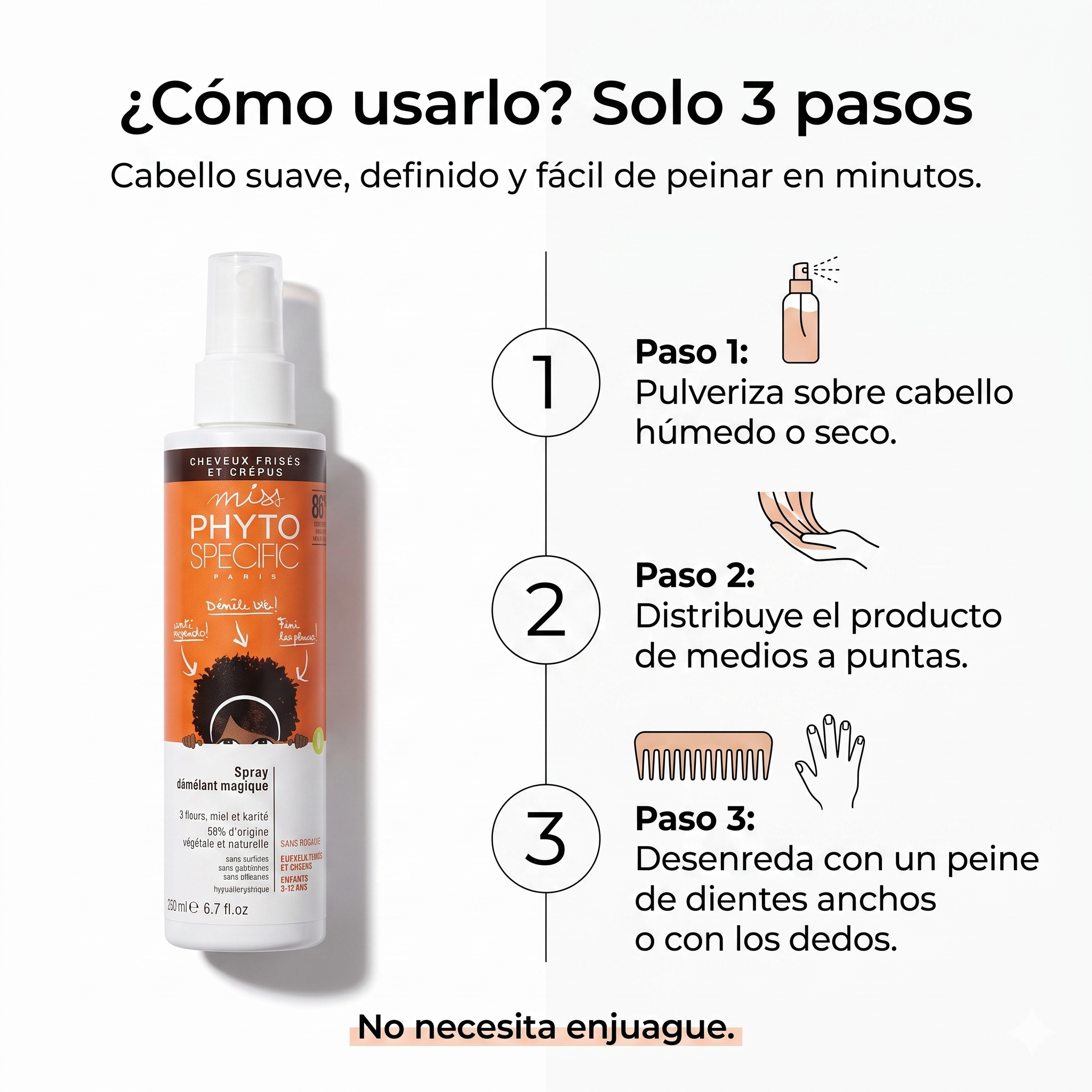 PHYTO PARIS Phytospecific Spray Desenredante Niños Cabello Rizado u Ondulado 250 ml – Anti Nudos, Suavizante, Sin Peso