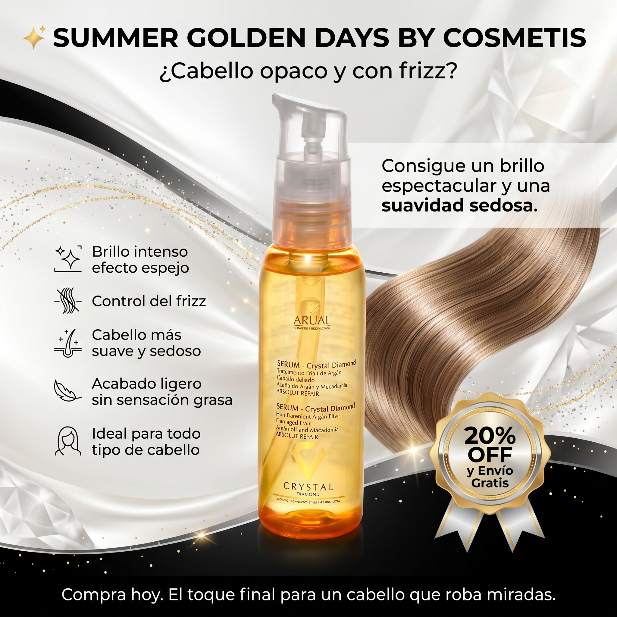 ARUAL Crystal Diamond Sérum Capilar con Aceite de Argán y Macadamia 100 ml | Tratamiento Reparador Antifrizz para Cabello Dañado con Brillo Intenso y Sellado de Puntas