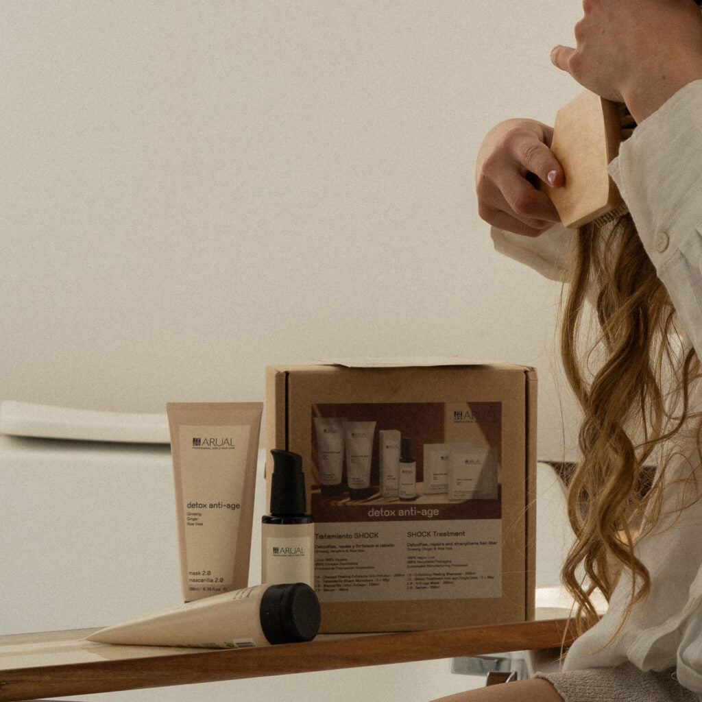 ARUAL Pack Detox (Shampoo, Mascarilla, Sérum, Tratamiento): Ritual antipolución y reparación para cuero cabelludo y medios.