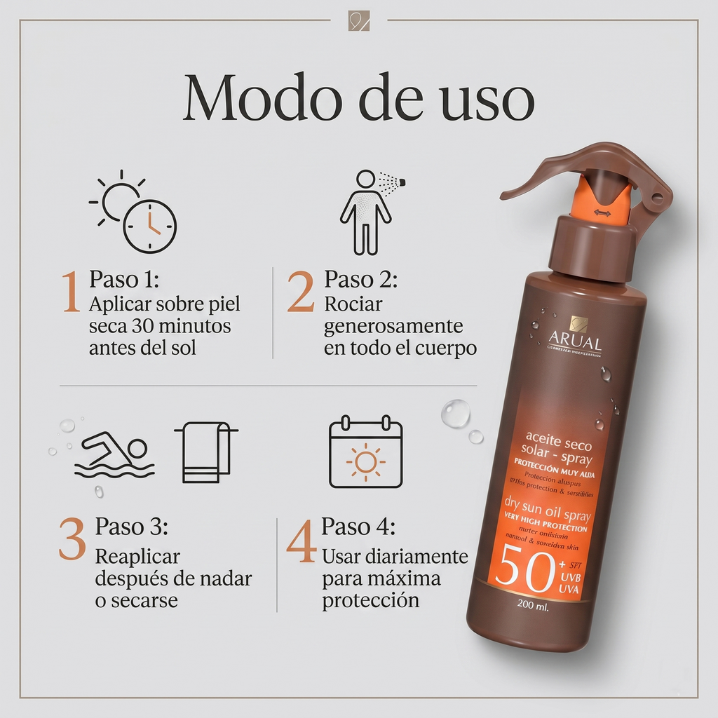 ARUAL Protector Solar SPF 50+ Spray Dermatológico Resistente al Agua Protección UVA UVB Para Piel Sensible Acabado Invisible 200 Ml