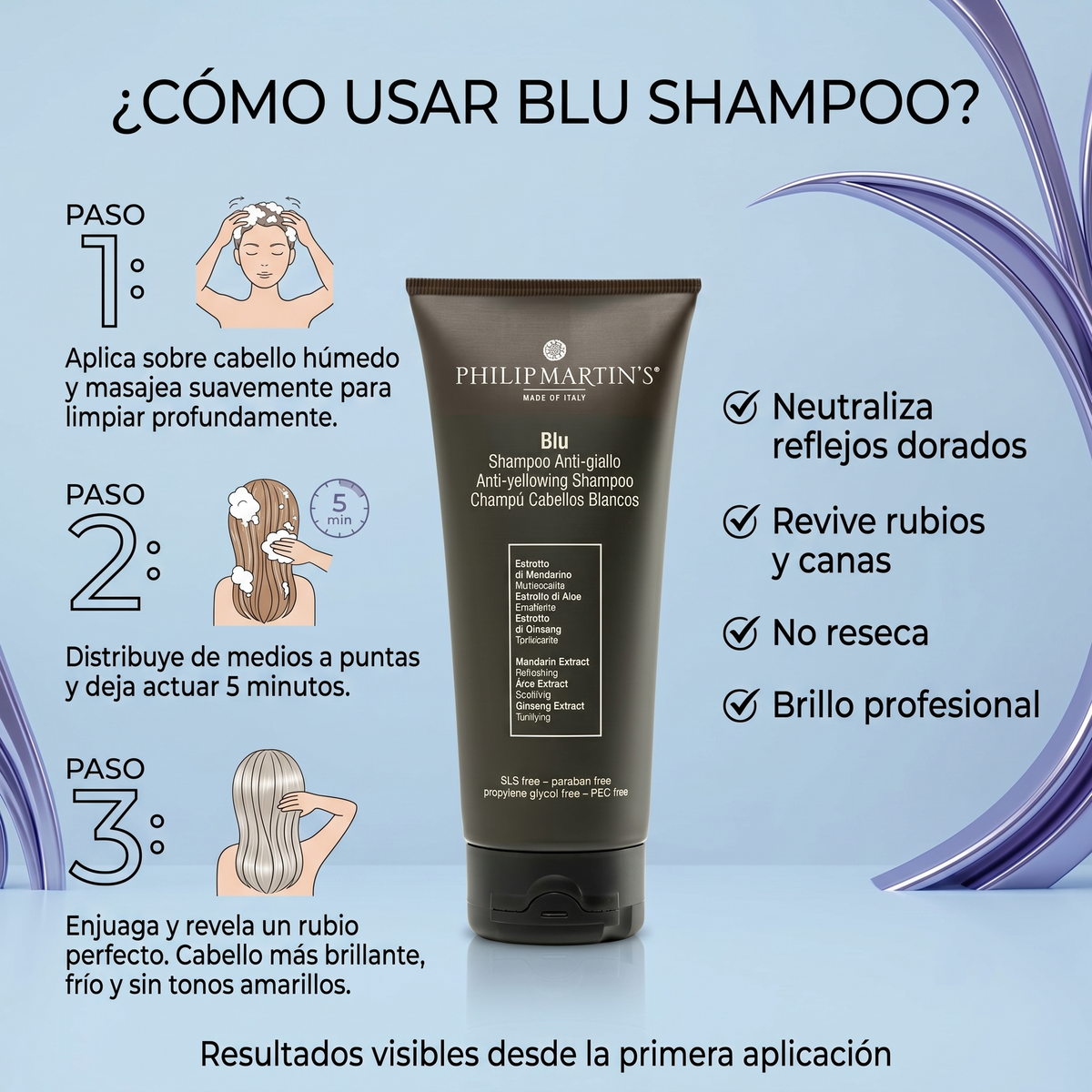 PHILIP MARTIN’S Blu Shampoo Matizador Anti Amarillo para Rubios y Canas 200 ml