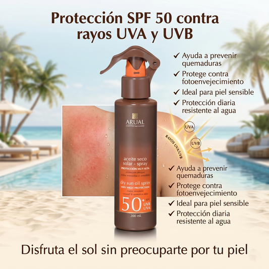 ARUAL Protector Solar SPF 50+ Spray Dermatológico Resistente al Agua Protección UVA UVB Para Piel Sensible Acabado Invisible 200 Ml