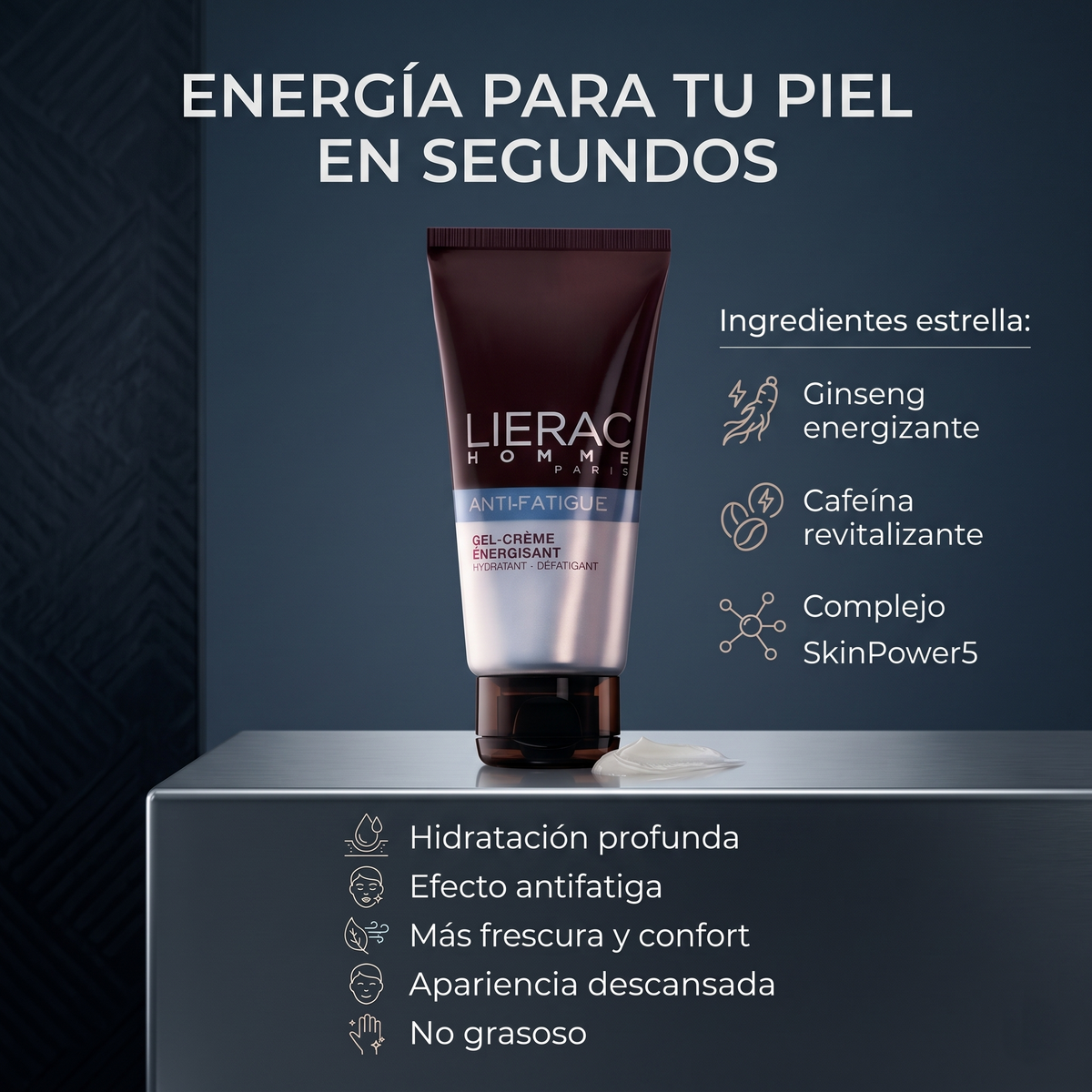 LIERAC Homme Gel Facial Antifatiga Hombre Hidratante Energizante 50 ml