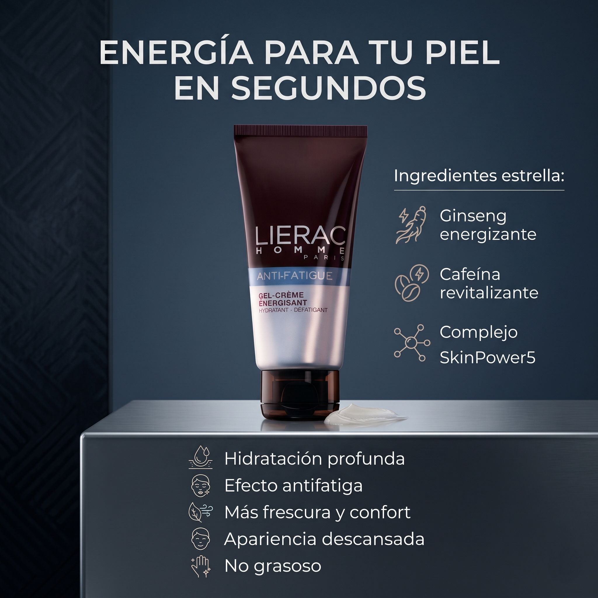 LIERAC Homme Gel Facial Antifatiga Hombre Hidratante Energizante 50 ml