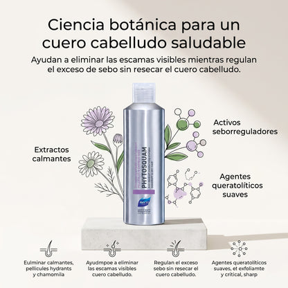 PHYTO PARIS Phytosquame Shampoo Anticaspa para Cabello Graso y Cuero Cabelludo Graso, Purificante y Equilibrante