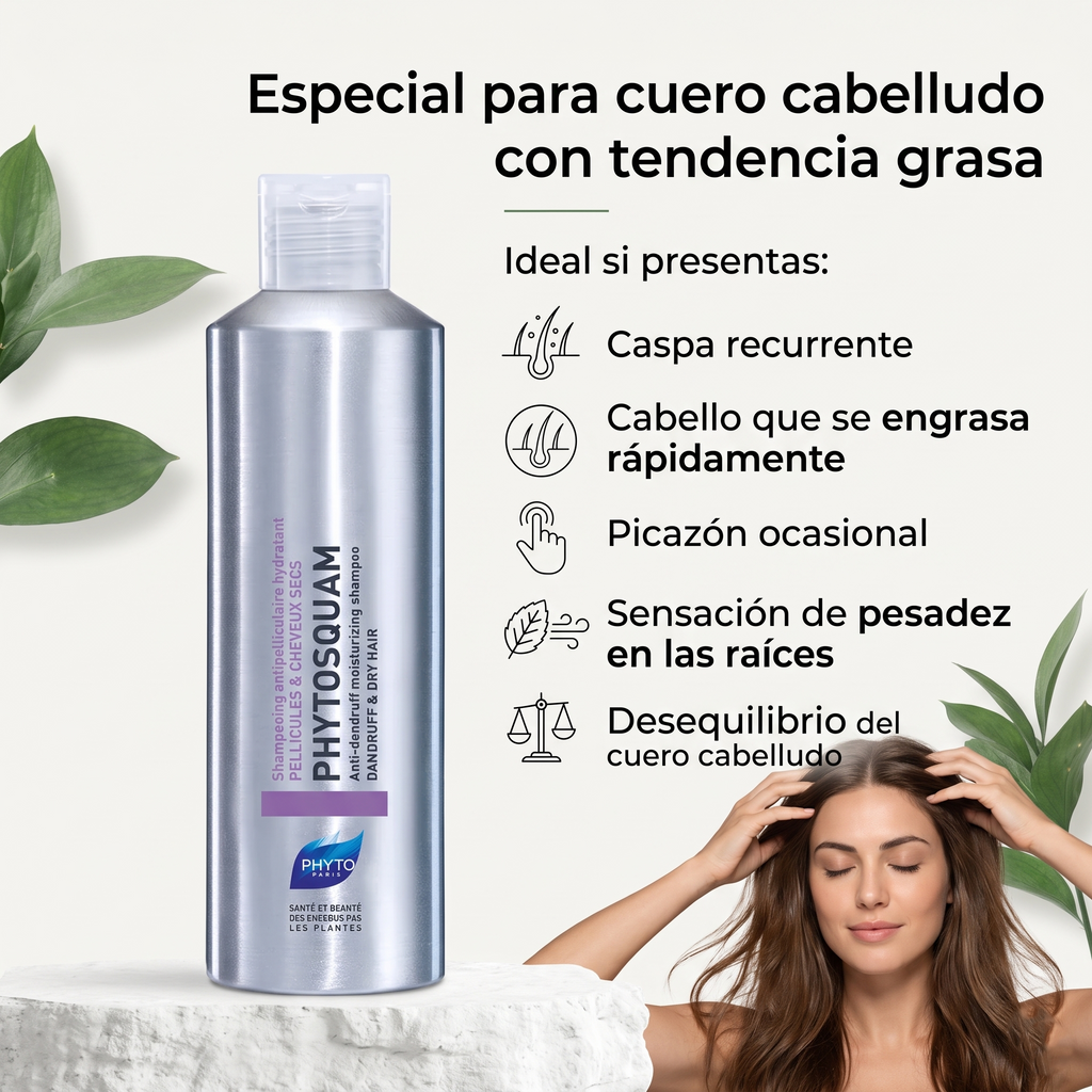 PHYTO PARIS Phytosquame Shampoo Anticaspa para Cabello Graso y Cuero Cabelludo Graso, Purificante y Equilibrante