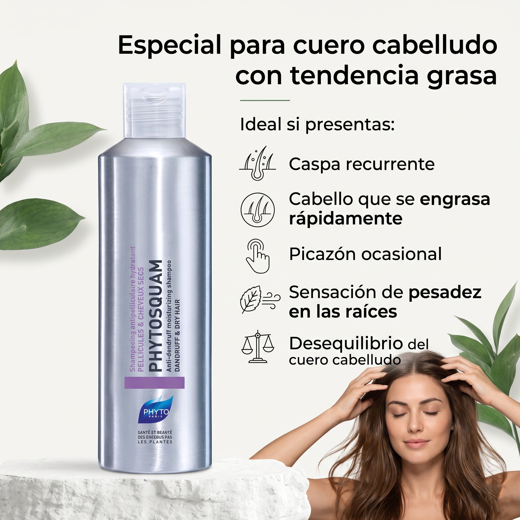 PHYTO PARIS Phytosquame Shampoo Anticaspa para Cabello Graso y Cuero Cabelludo Graso, Purificante y Equilibrante