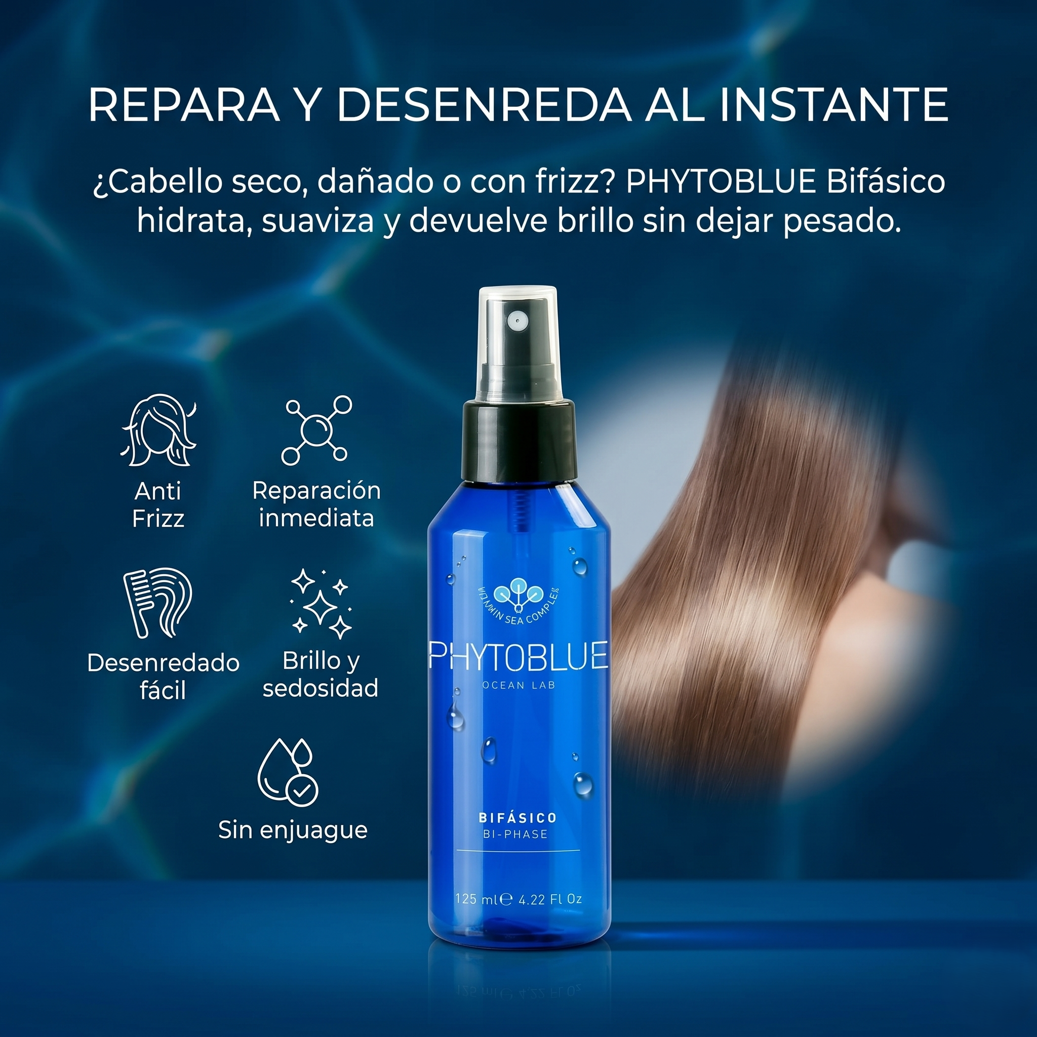 PHYTOBLUE Bi-Phase Acondicionador Bifásico Profesional Sin Enjuague Para Cabello Dañado y Seco Desenredante Instantáneo Hidratación Profunda Reparación Capilar y Control Antifrizz. Tratamiento Capilar.