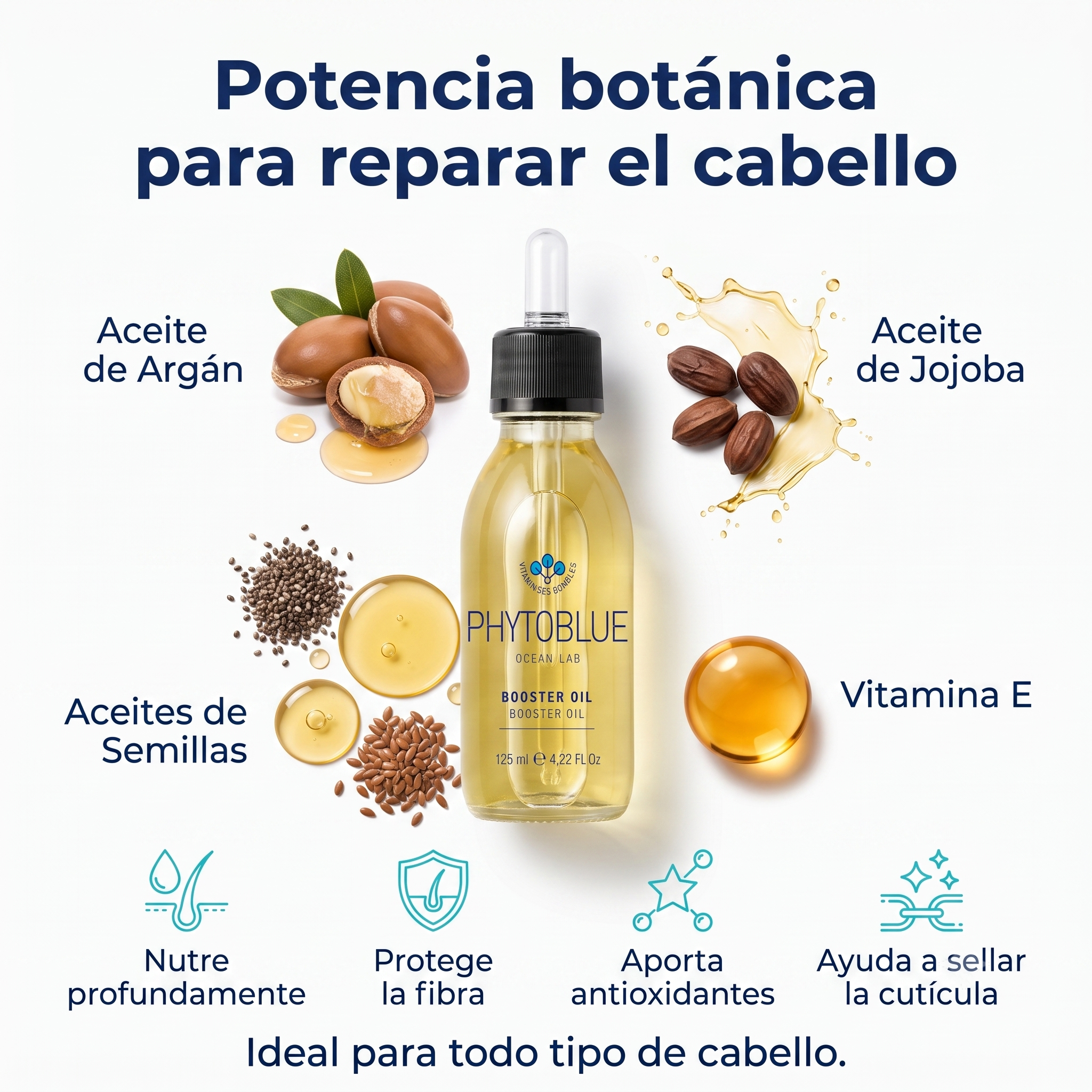 PHYTOBLUE Booster Oil Aceite para Cabello 125 ml | Nutrición Profunda, Reparación, Anti Frizz y Brillo para Cabello Seco y Dañado