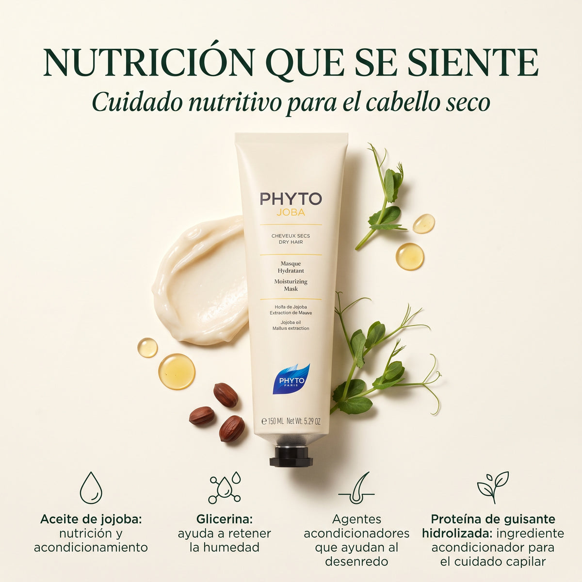 PHYTO PARIS Phytojoba Mask Mascarilla Hidratante para Cabello Seco con Aceite de Jojoba y Brillo Intenso