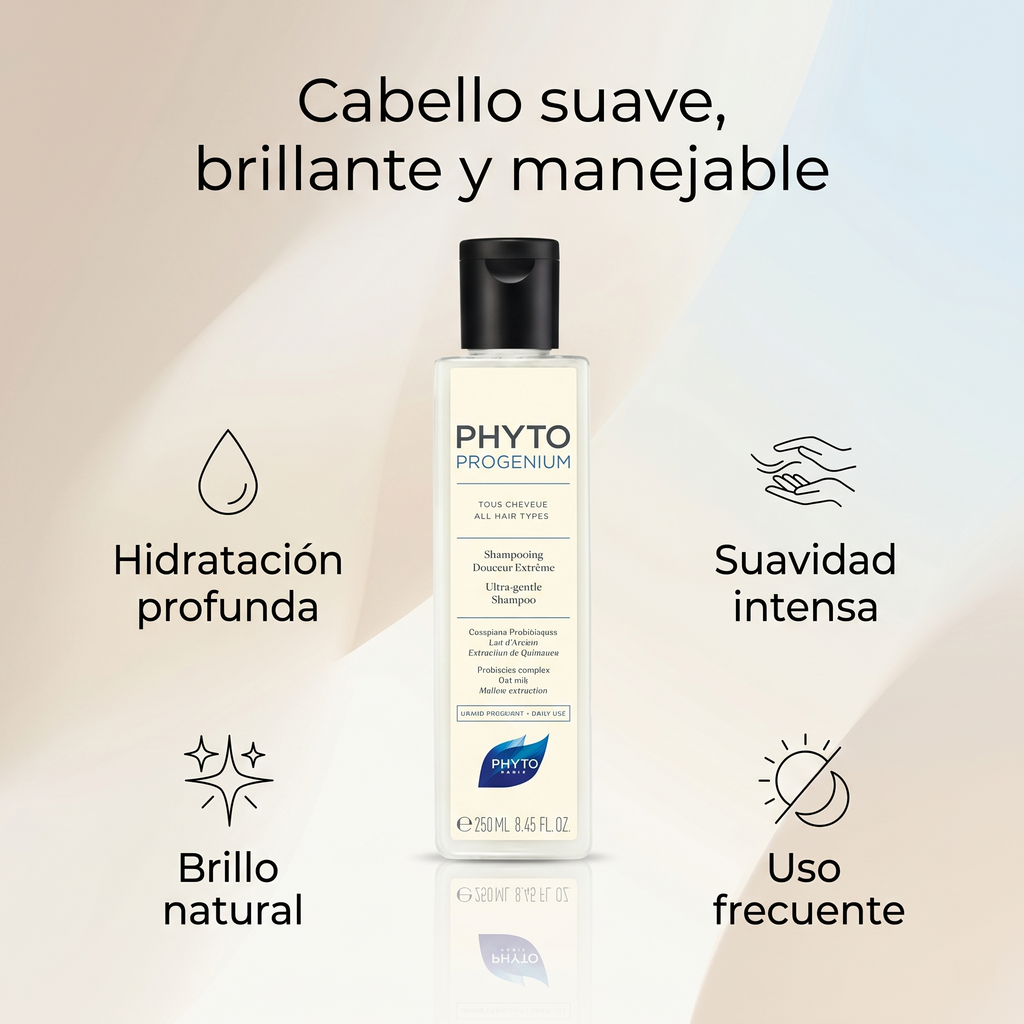 PHYTO PARIS Phytoprogenium Shampoo Hidratante Profesional para Cabello Seco y Sensible | Shampoo Suave de Uso Diario con Base Botánica, Limpieza Equilibrante, Brillo Intenso, Suavidad Extrema y Control de Frizz