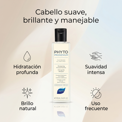 PHYTO PARIS Phytoprogenium Shampoo Hidratante Profesional para Cabello Seco y Sensible | Shampoo Suave de Uso Diario con Base Botánica, Limpieza Equilibrante, Brillo Intenso, Suavidad Extrema y Control de Frizz