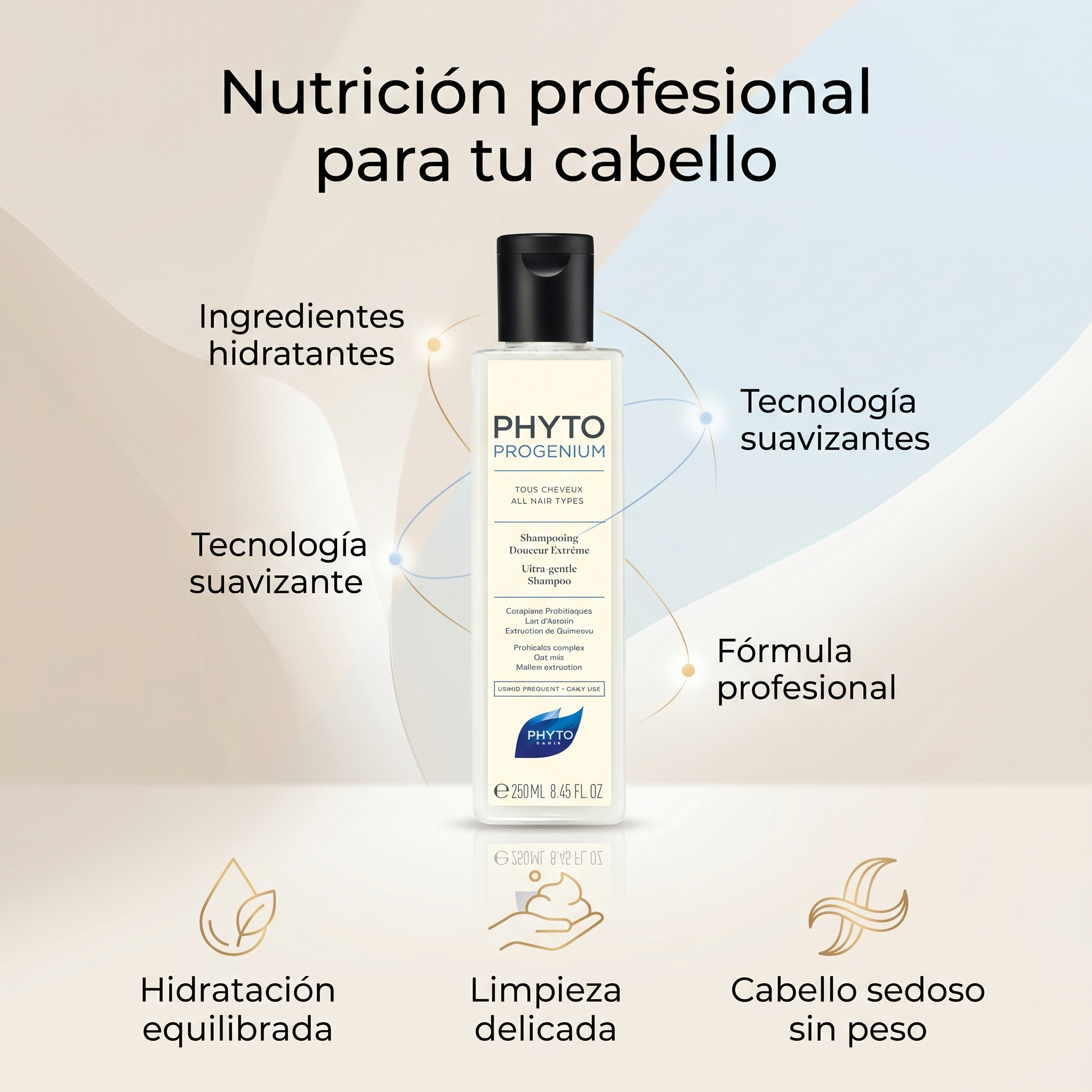 PHYTO PARIS Phytoprogenium Shampoo Hidratante Profesional para Cabello Seco y Sensible | Shampoo Suave de Uso Diario con Base Botánica, Limpieza Equilibrante, Brillo Intenso, Suavidad Extrema y Control de Frizz