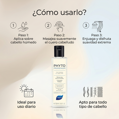 PHYTO PARIS Phytoprogenium Shampoo Hidratante Profesional para Cabello Seco y Sensible | Shampoo Suave de Uso Diario con Base Botánica, Limpieza Equilibrante, Brillo Intenso, Suavidad Extrema y Control de Frizz