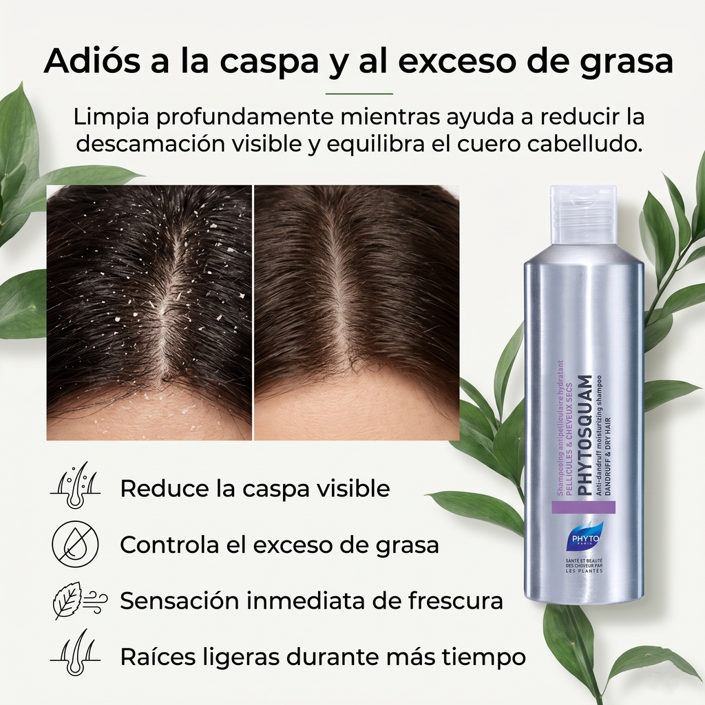 PHYTO PARIS Phytosquame Shampoo Anticaspa para Cabello Graso y Cuero Cabelludo Graso, Purificante y Equilibrante