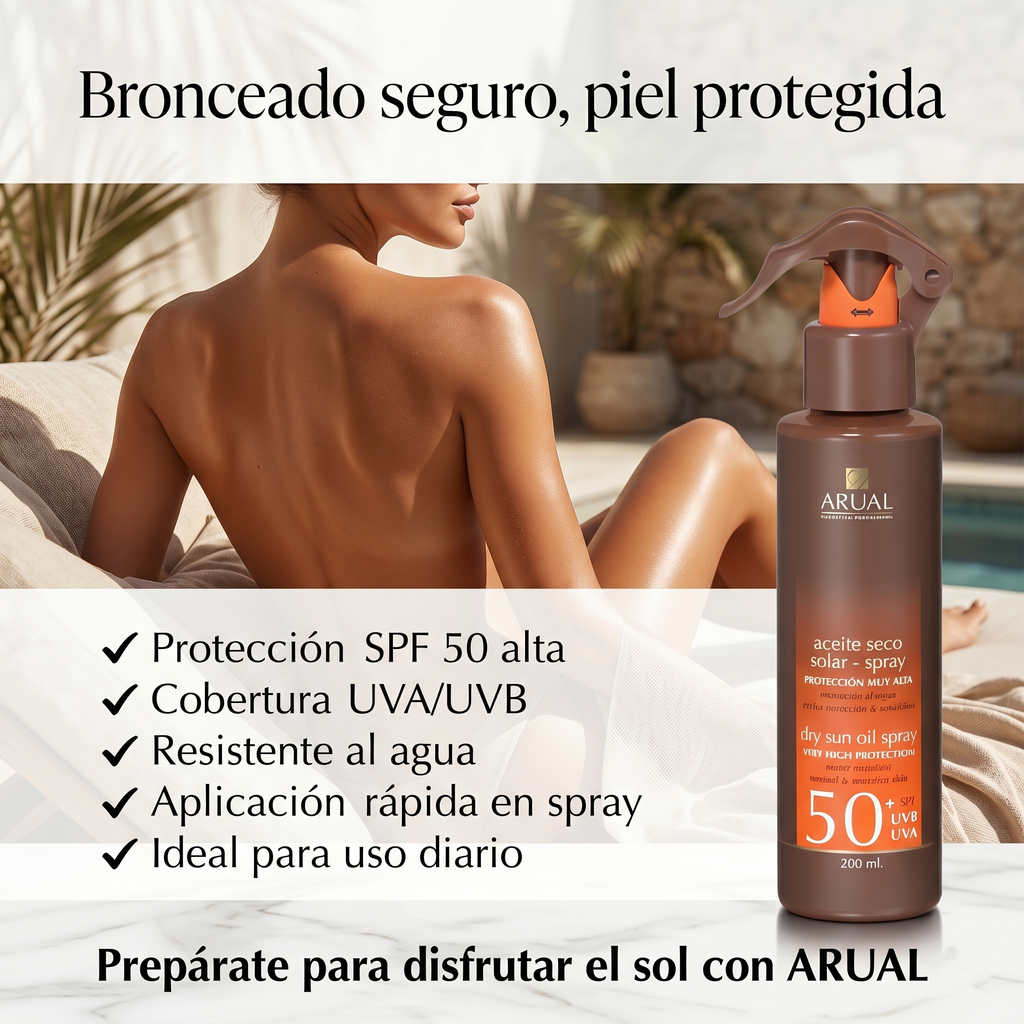 ARUAL Protector Solar SPF 50+ Spray Dermatológico Resistente al Agua Protección UVA UVB Para Piel Sensible Acabado Invisible 200 Ml