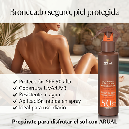 ARUAL Protector Solar SPF 50+ Spray Dermatológico Resistente al Agua Protección UVA UVB Para Piel Sensible Acabado Invisible 200 Ml