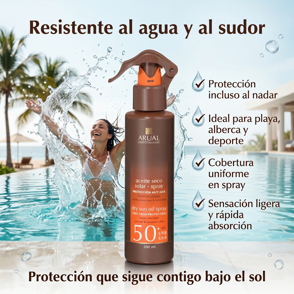 ARUAL Protector Solar SPF 50+ Spray Dermatológico Resistente al Agua Protección UVA UVB Para Piel Sensible Acabado Invisible 200 Ml