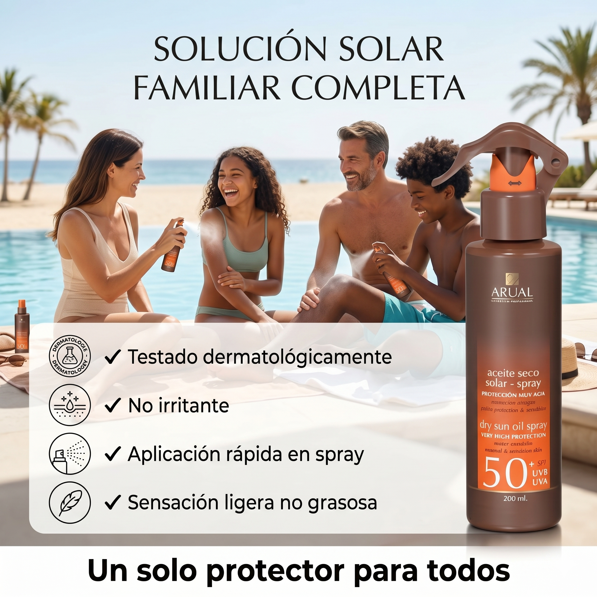 ARUAL Protector Solar SPF 50+ Spray Dermatológico Resistente al Agua Protección UVA UVB Para Piel Sensible Acabado Invisible 200 Ml