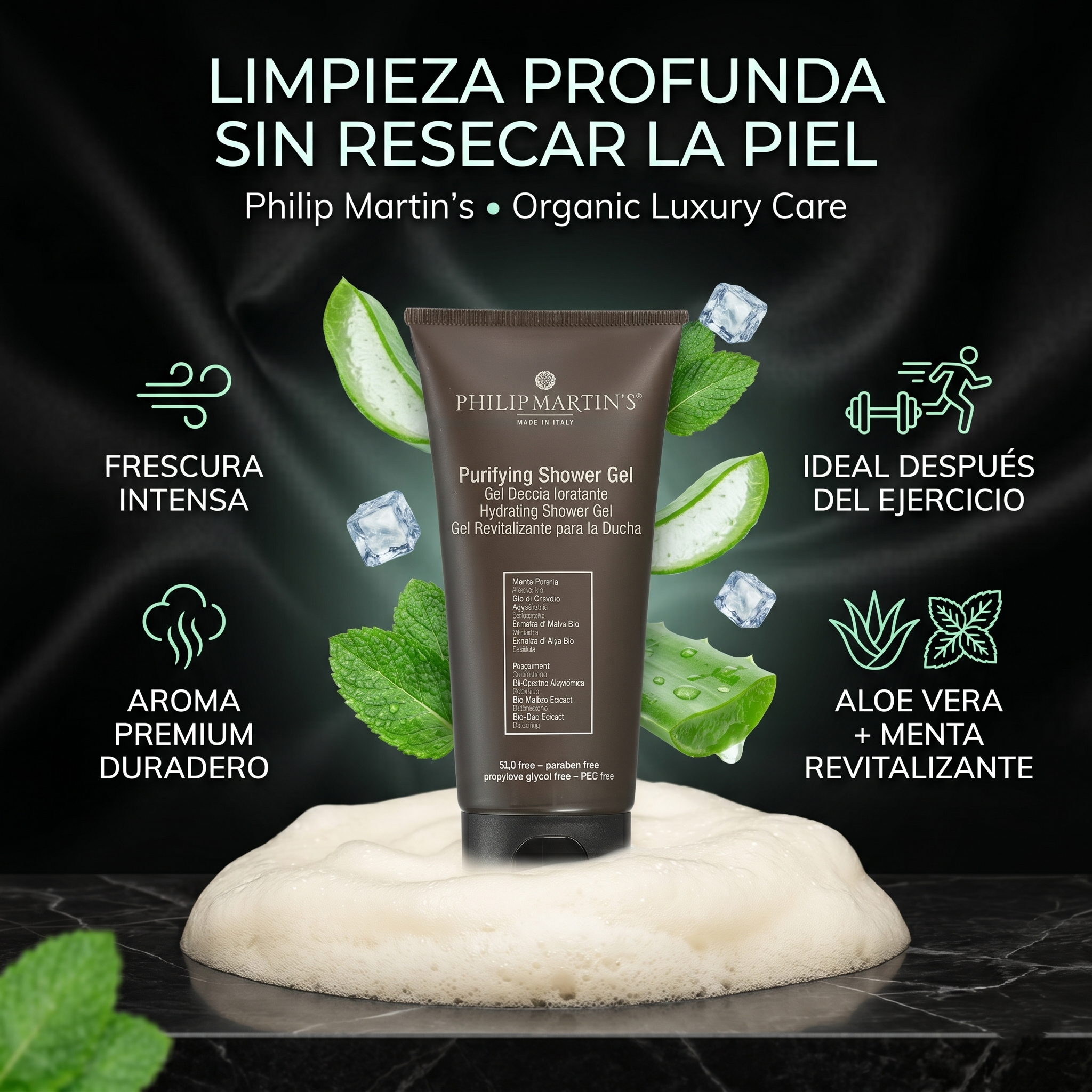 PHILIP MARTIN’S Purifying Shower Gel de Ducha Refrescante Con Aloe Vera Y Menta Para Uso Diario