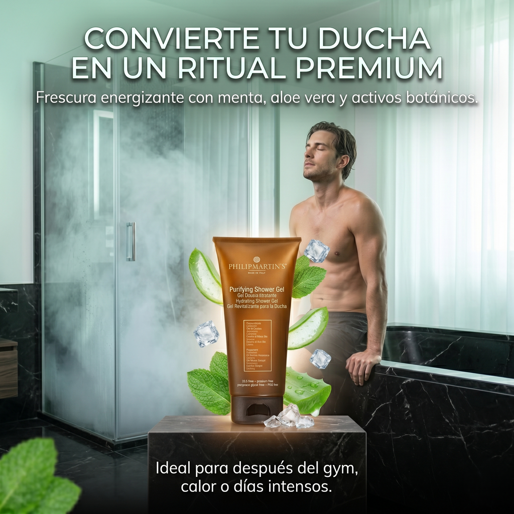 PHILIP MARTIN’S Purifying Shower Gel de Ducha Refrescante Con Aloe Vera Y Menta Para Uso Diario