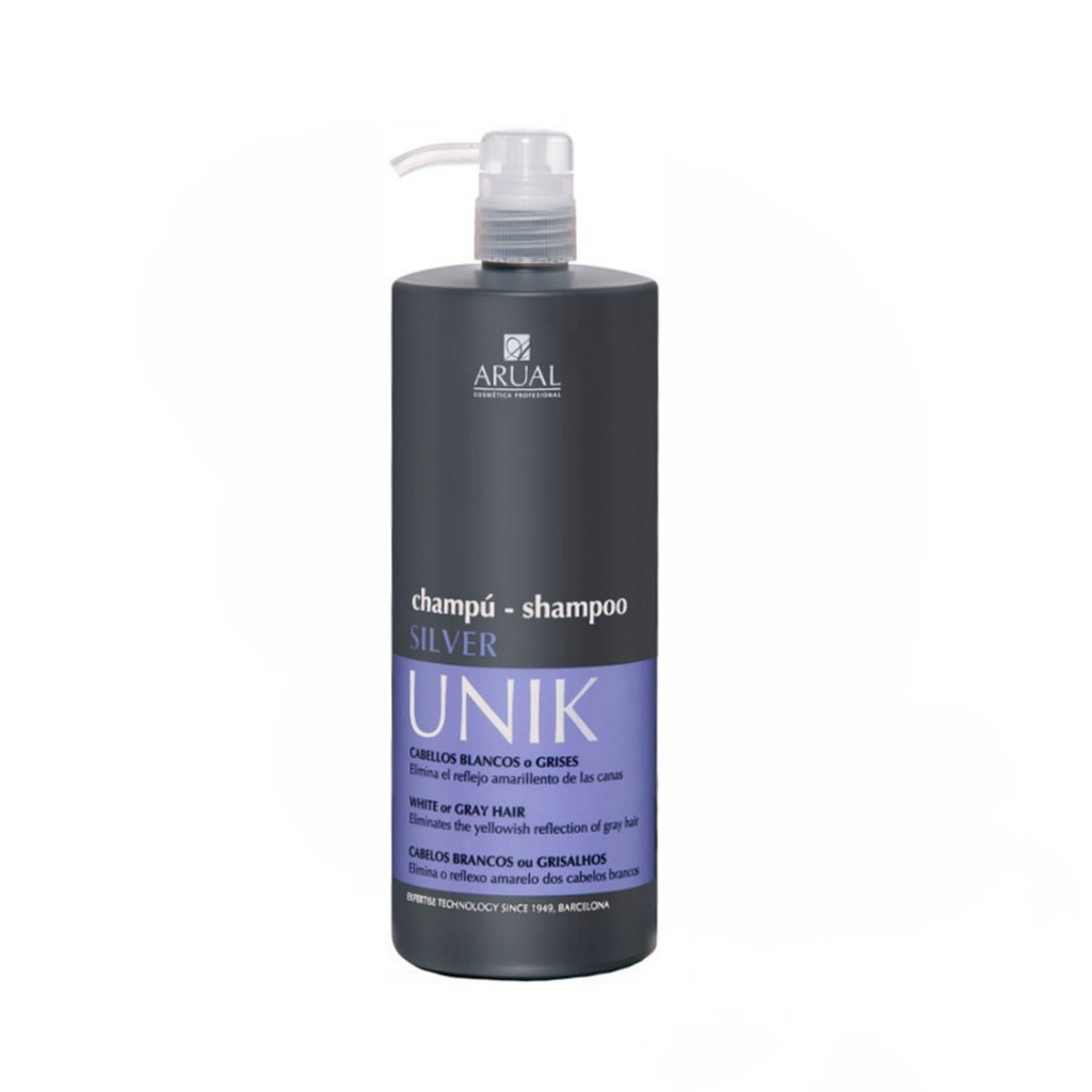 ARUAL UNIK Silver Shampoo TAMAÑO PROFESIONAL: Matiza amarillos en rubios, grises y blancos para un tono más frío.