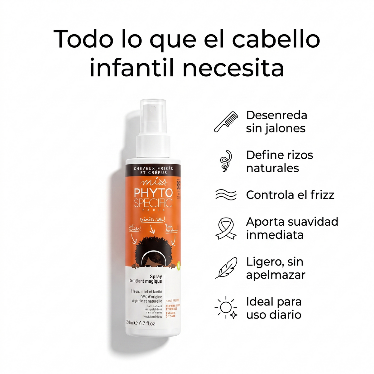 PHYTO PARIS Phytospecific Spray Desenredante Niños Cabello Rizado u Ondulado 250 ml – Anti Nudos, Suavizante, Sin Peso