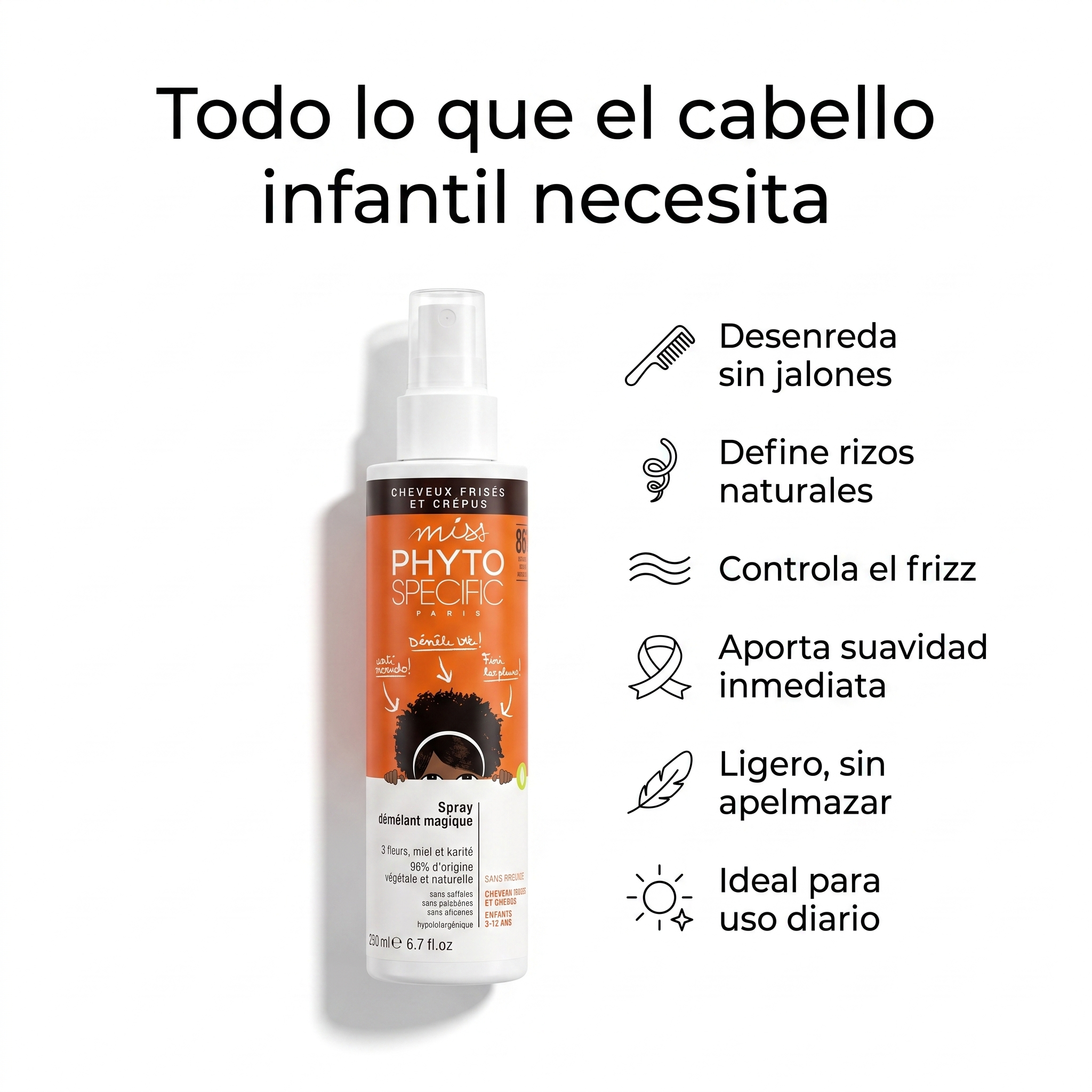PHYTO PARIS Phytospecific Spray Desenredante Niños Cabello Rizado u Ondulado 250 ml – Anti Nudos, Suavizante, Sin Peso